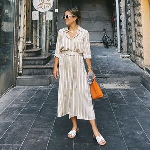 Zara Striped Beige Button-Front Shirt Dress
